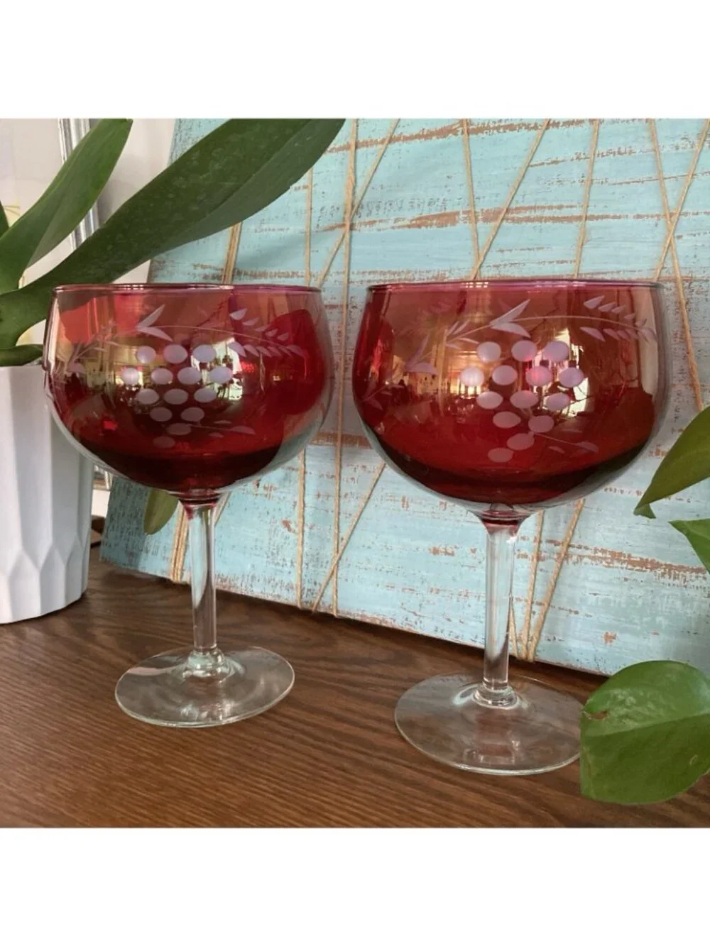 Cranberry Glass Cut To Clear Etched Grapes Balloon Wine Glasses 7.5” Set of 2
